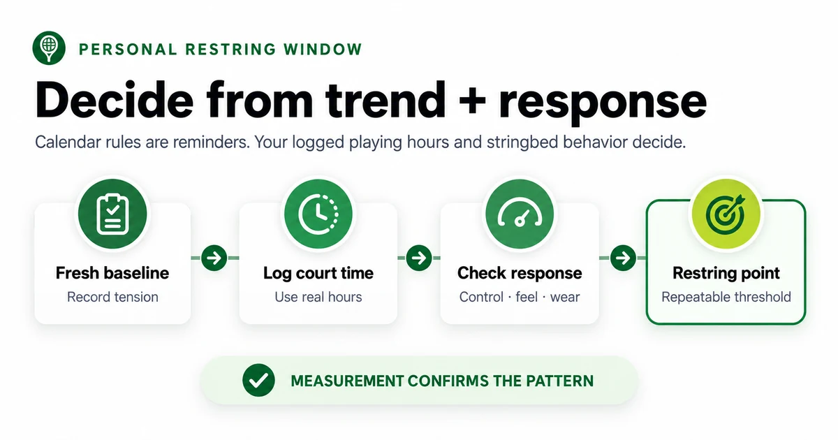 Decision timeline from a fresh stringbed baseline through playing hours and response changes to a personal restring point