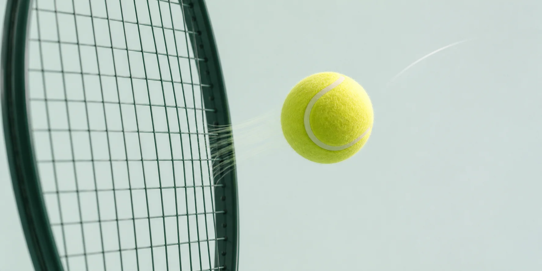 Editorial illustration of a tennis ball leaving a woven racquet stringbed after an upward brushing contact