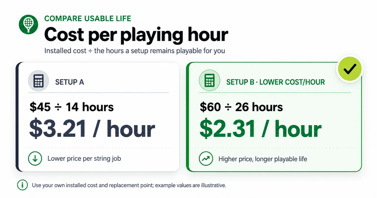 Example comparing two tennis string setups using installed cost divided by playable hours