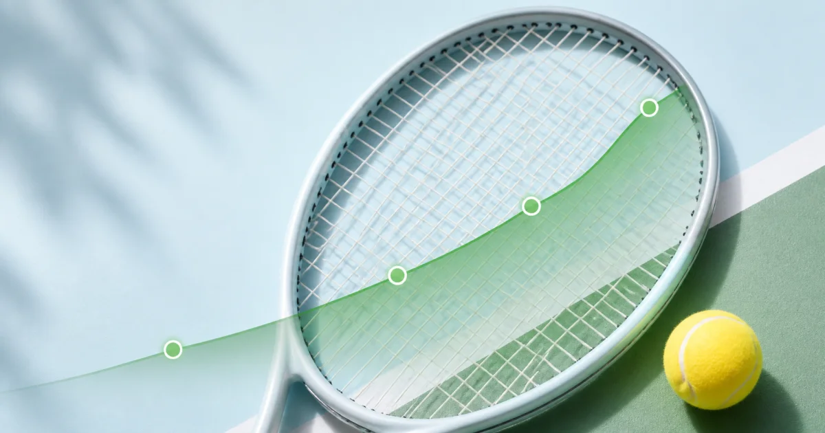 Tennis racquet stringbed overlaid with a rising green string-cost forecast curve
