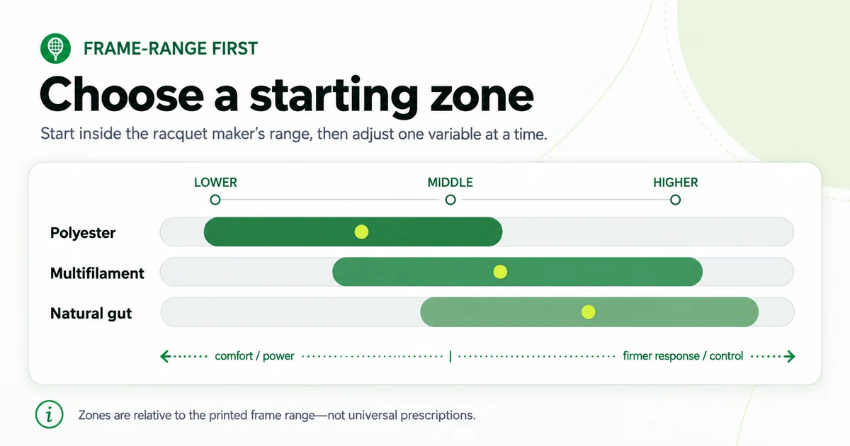 Frame-range-first guide comparing lower, middle, and higher starting zones by tennis string type